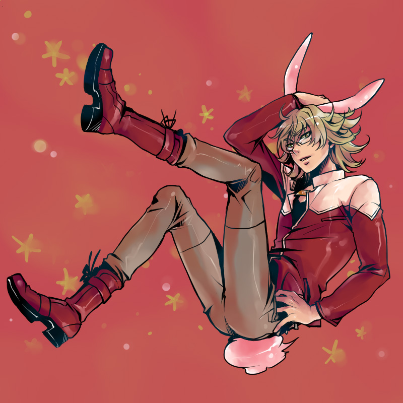 animal_ears barnaby_brooks_jr blonde_hair boots bunny_ears bunny_tail glasses green_eyes hifui jacket jewelry kemonomimi_mode male_focus necklace red_jacket solo tail tiger_&amp;_bunny