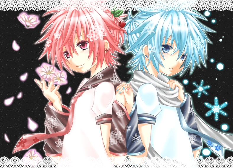 2boys arm_warmers back-to-back back_to_back blue_eyes blue_hair boy cherry cherry_blossoms earring earrings flower food fruit hakiri_tooru_(len0530) hand_holding holding_hands jewelry kagamine_len light_smile male male_focus multiple_boys necktie pair ponytail red_eyes red_hair sailor_collar sakura sakura_flowers sakura_len sakura_petals scarf shirt short_sleeves smile snowdrop snowflake snowflakes t-shirt vocaloid yuki_len