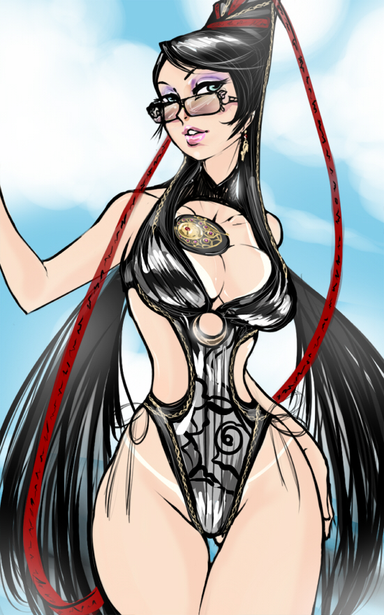 bayonetta bayonetta_(character) black_hair blue_eyes breasts cloud day glasses green_eyes large_breasts lips long_hair one-piece_swimsuit sky solo swimsuit tan tanline thigh_gap thighs very_long_hair wide_hips