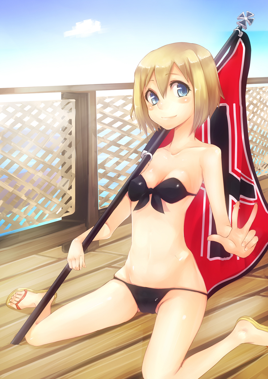 balcony bandeau bikini blonde_hair blue_eyes collarbone erica_hartmann face flag front-tie_top hands highres nuko-d sandals short_hair sitting skindentation solo strike_witches swimsuit v wariza world_witches_series