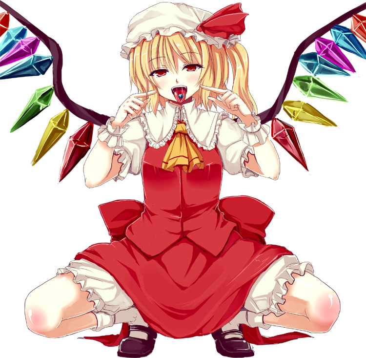 ascot blonde_hair bloomers blush bow flandre_scarlet full_body hachimoku hat mary_janes pointing red_eyes shoes side_ponytail simple_background socks solo squatting tongue tongue_out touhou underwear white_legwear wings wrist_cuffs