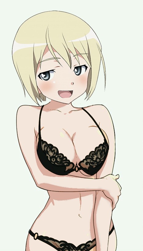 :d alternate_breast_size black_bra black_panties blonde_hair blue_eyes blush bra breasts cleavage erica_hartmann large_breasts lingerie open_mouth panties see-through short_hair simple_background smile solo strike_witches underwear underwear_only white_background world_witches_series
