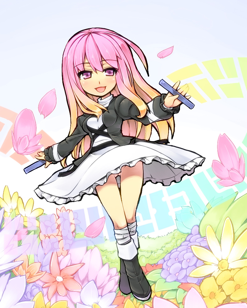 :d ankle_boots bad_id bad_pixiv_id blonde_hair boots chibi colorful crossed_legs dress dress_lift flower frills hijiri_byakuren leg_wrap long_hair mikan_riji no_panties open_mouth petals pink_eyes pink_hair purple_eyes scroll smile solo sorcerer's_sutra_scroll standing touhou very_long_hair wind wind_lift
