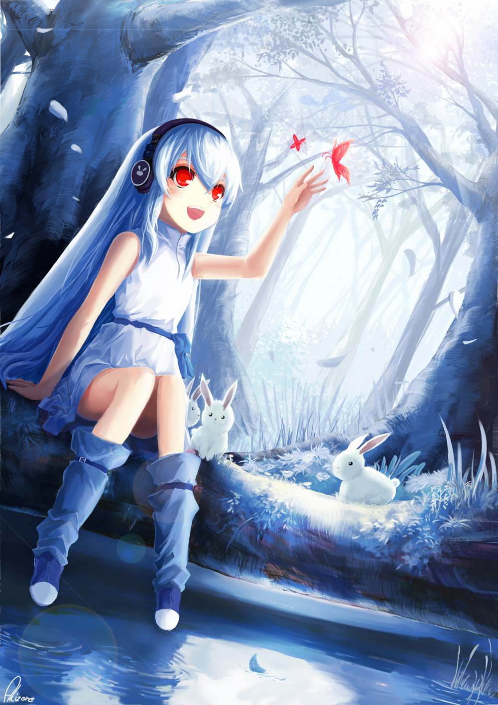 :d akizone bad_id bad_pixiv_id bare_shoulders bare_tree blue blue_hair bug bunny butterfly dutch_angle forest happy headphones highres insect nature open_mouth original red_eyes signature sitting smile solo sunlight tree water