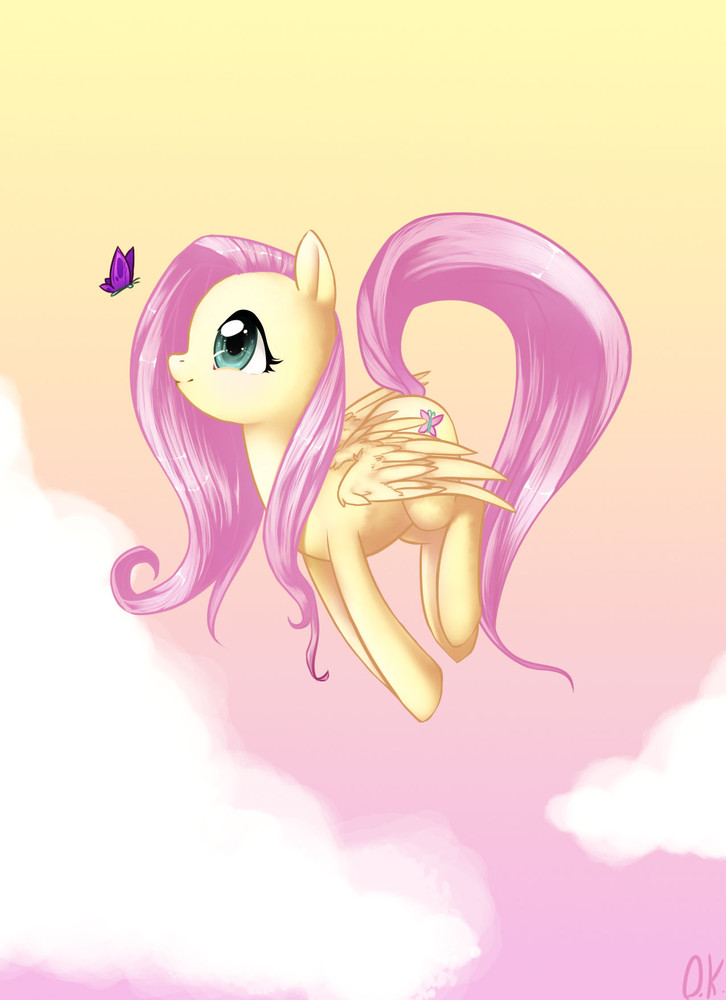 blue_eyes butterfly clouds cute equine female fluttershy_(mlp) flying friendship_is_magic horse my_little_pony pegasus pink_hair pony