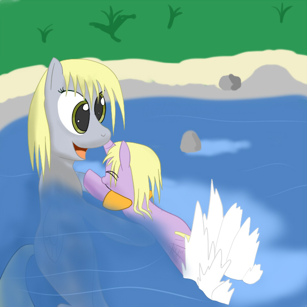 cute derp derpy_hooves_(mlp) dinky_hooves_(mlp) equine female feral friendship_is_magic good_parenting grass horn mammal my_little_pony pegasus pond swimming unicorn unknown_artist water wet wings young