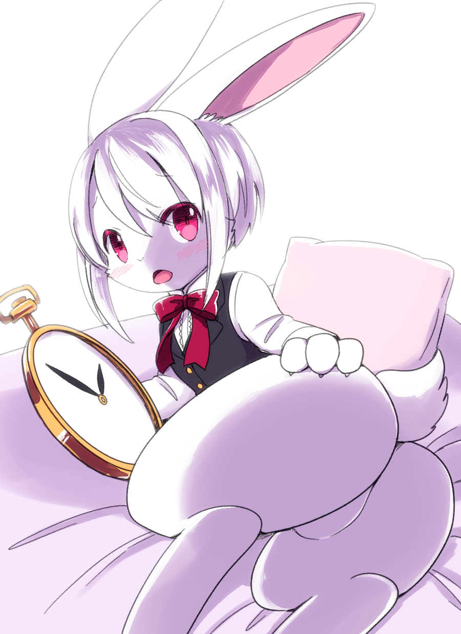 4_fingers bed bow butt butt_focus butt_pose female hair kemoribbon lagomorph mammal pillow pink_eyes pocket_watch rabbit red_bow short_hair silver_hair solo