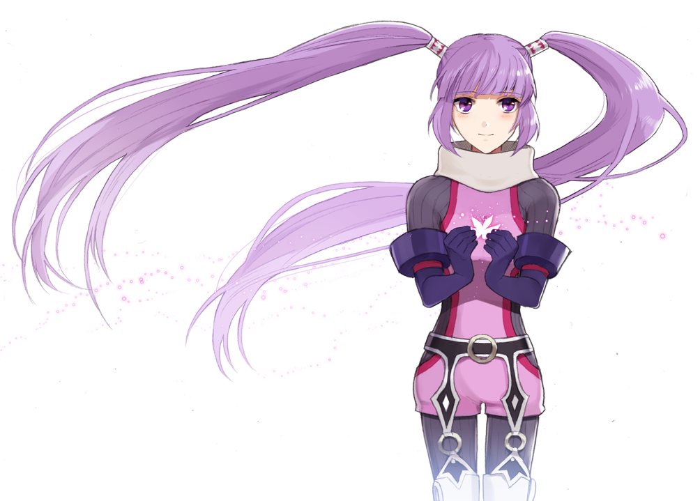 bad_id bad_pixiv_id bodysuit buckle flower gloves long_hair o-ring oselo721 purple_eyes purple_hair smile solo sophie_(tales) tales_of_(series) tales_of_graces twintails very_long_hair