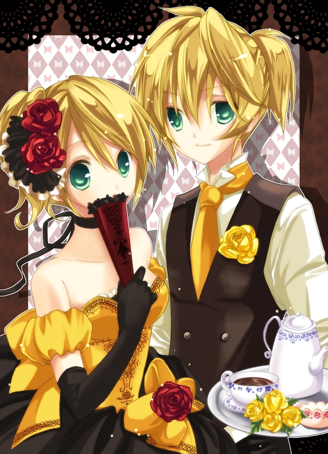 1boy 1girl aku_no_musume_(vocaloid) bare_shoulders blonde_hair boy boy_and_girl checkered checkered_background collar cup dress elbow_gloves european_clothes fan female flower flower_ornament girl gloves green_eyes hair_flower hair_ornament kagamine_len kagamine_rin light_smile male neck_ribbon necktie ponytail red_rose retro_clothes ribbon rose shirt teapot tray u:tan vest victorian vocaloid yellow_rose