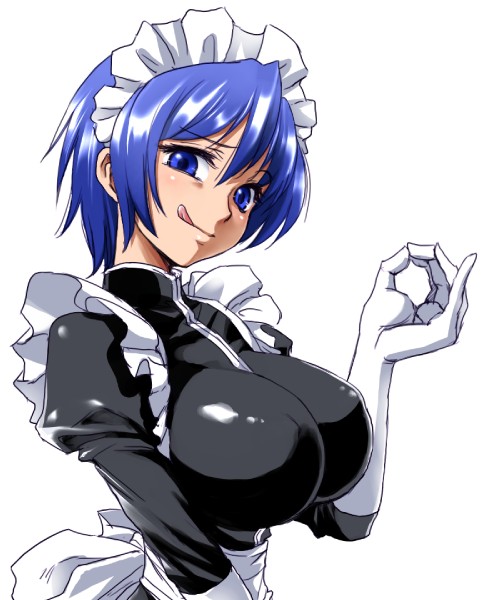 :q bad_id bad_nicoseiga_id blue_eyes blue_hair breasts impossible_clothes large_breasts maid maid_headdress original sexually_suggestive short_hair simple_background solo tongue tongue_out white_background yotarou_no_miso_nikomi