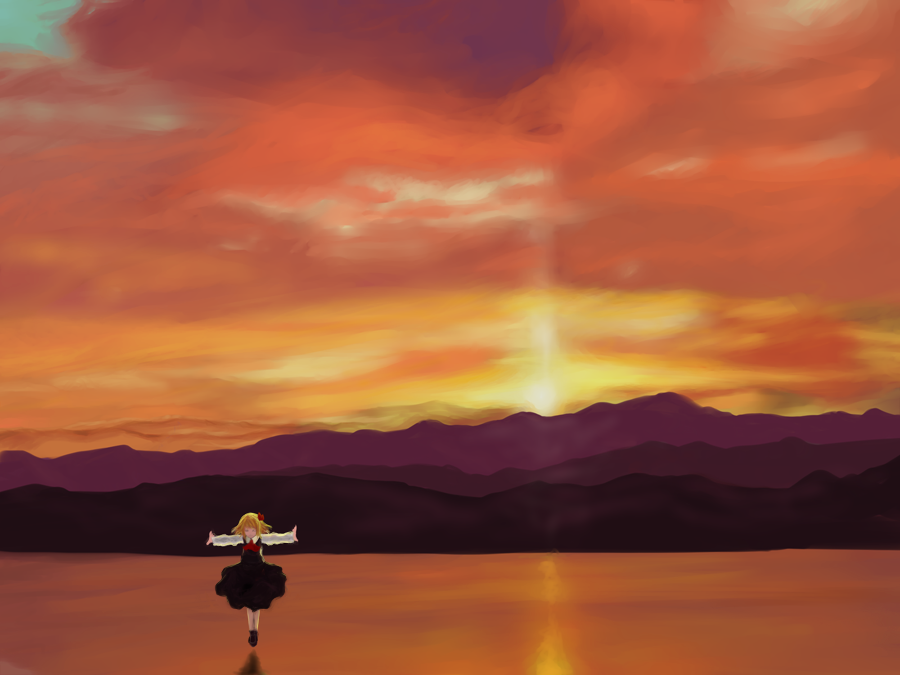 ascot blonde_hair clavis closed_eyes cloud evening hair_ribbon lake landscape mountain outstretched_arms ribbon rumia scenery short_hair solo spread_arms sunset touhou