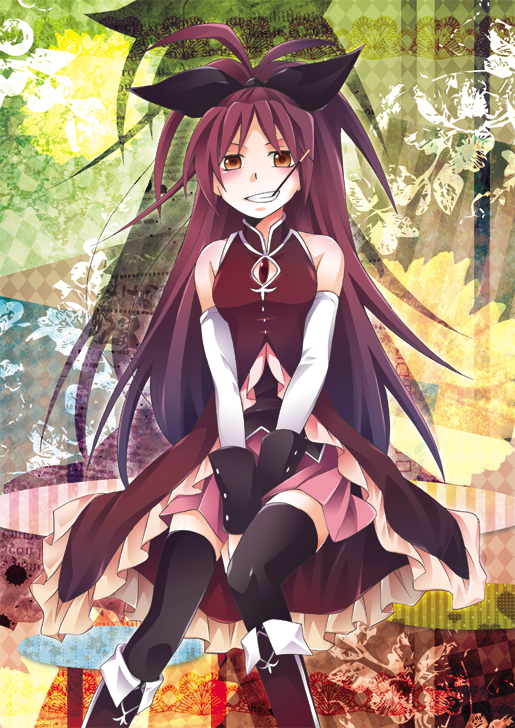 bad_id bad_pixiv_id bare_shoulders black_legwear boots bow food hair_bow izumin_(lc_123) long_hair magical_girl mahou_shoujo_madoka_magica pocky ponytail red_eyes red_hair sakura_kyouko sitting solo thighhighs zettai_ryouiki