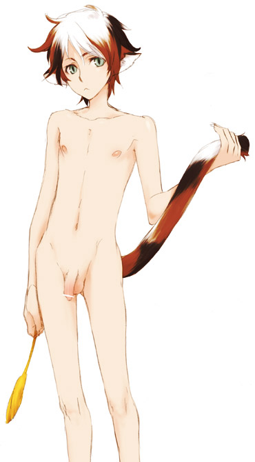 1boy animal_ears calico cat_ears catboy censored claws flaccid green_eyes male male_focus multicolored_hair nipples nude penis uncensored