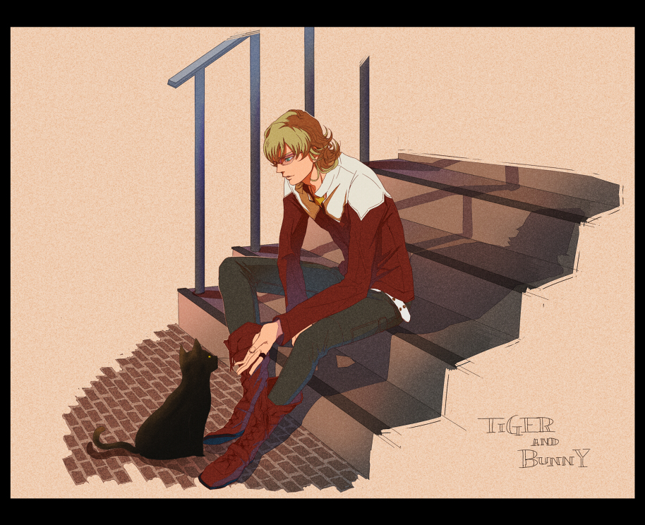 bad_id bad_pixiv_id barnaby_brooks_jr belt blonde_hair boots cat glasses green_eyes jacket jewelry male_focus necklace ramta red_jacket ring sitting sitting_on_stairs solo stairs studded_belt tiger_&amp;_bunny