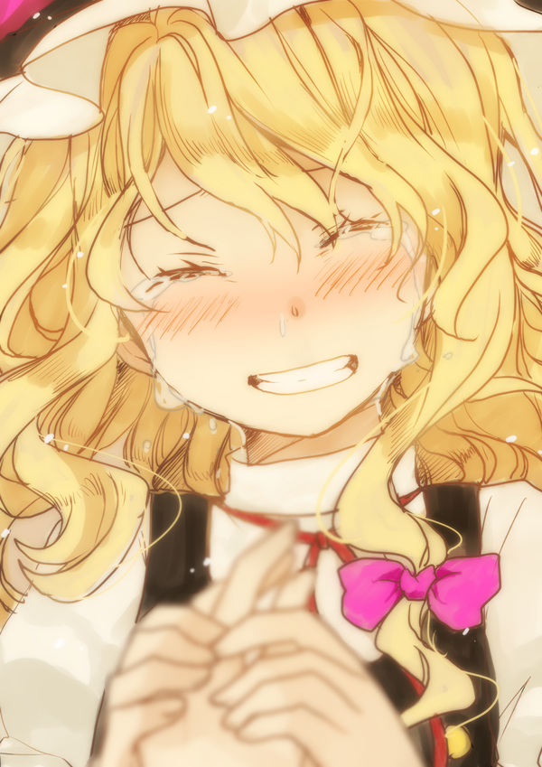 black_dress blonde_hair blush bow braid closed_eyes crying dress face grin hair_bow hands holding_hands kirisame_marisa kurot out_of_frame pov pov_hands shirt smile snot solo_focus tears touhou