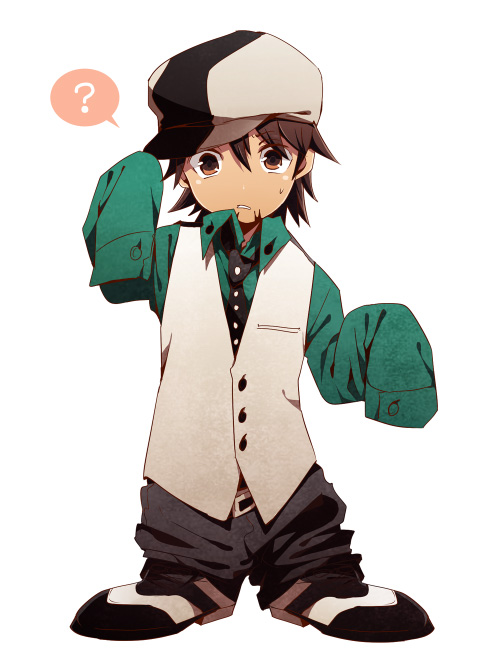 ? age_regression brown_eyes brown_hair cabbie_hat child facial_hair hat kaburagi_t_kotetsu male_focus oversized_clothes ryabu sleeves_past_fingers sleeves_past_wrists solo tiger_&amp;_bunny younger