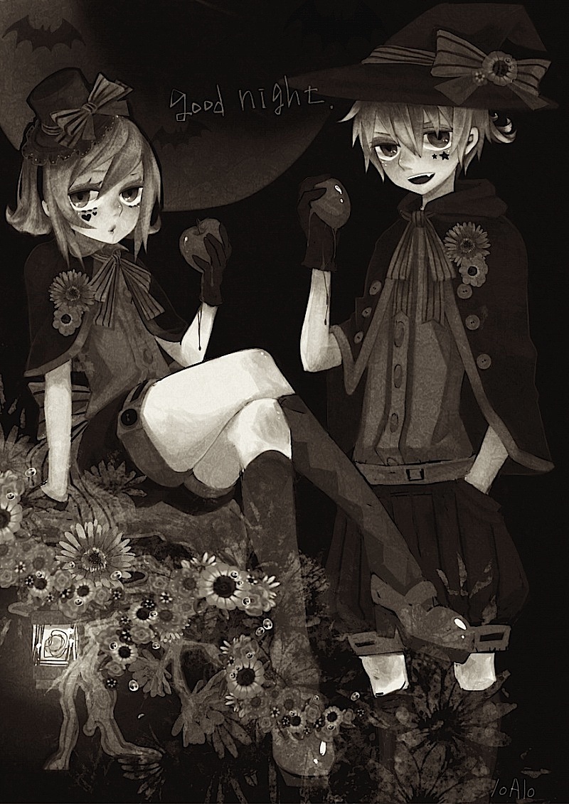 1boy 1girl apple bat bow boy boy_and_girl cloak crossed_legs fang female flower flower_ornament flowers food fruit girl gloves hand_in_pocket hat hat_bow hat_flower heart kagamine_len kagamine_rin kneehighs legs_crossed loalo male monochrome moon necktie open_mouth shorts star tattoo trick_and_treat_(vocaloid) vocaloid witch_hat