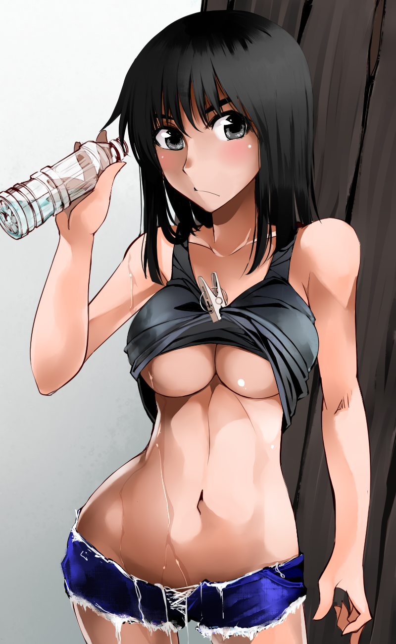 black_eyes black_hair bottle breasts casual clothes_pin cosaten curvy cutoffs highres large_breasts midriff navel school_rumble shirt_lift short_hair short_shorts shorts solo suou_mikoto torn_clothes underboob wet