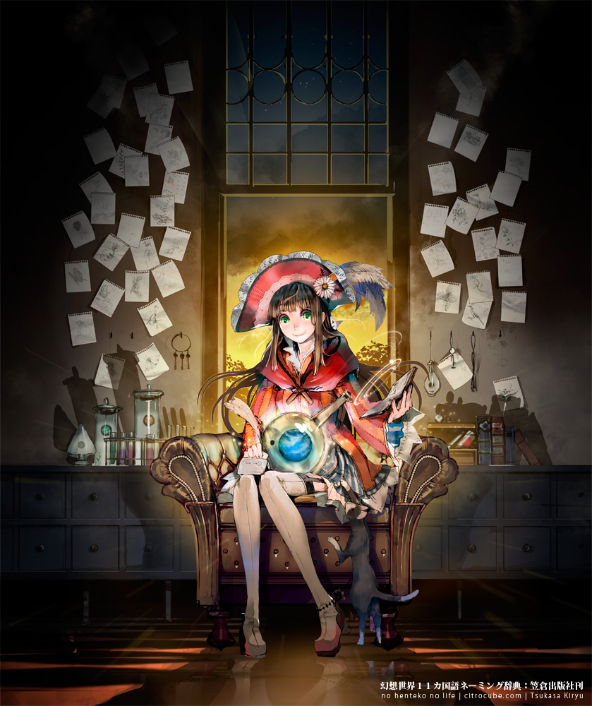 armchair artist_name bangs blunt_bangs book boots brown_hair cat chair drawer dress dusk feathers flower garter_straps globe green_eyes hat hat_feather hat_flower hime_cut holding holding_book indoors key keychain kiryuu_tsukasa_(citrocube) knees_together_feet_apart long_hair long_sleeves looking_at_viewer magic open_book original paper reflection reflective_floor round-bottom_flask shadow sitting smile solo star_(sky) striped striped_dress test_tube thigh_boots thighhighs traveler_(citrocube) watermark web_address white_legwear window