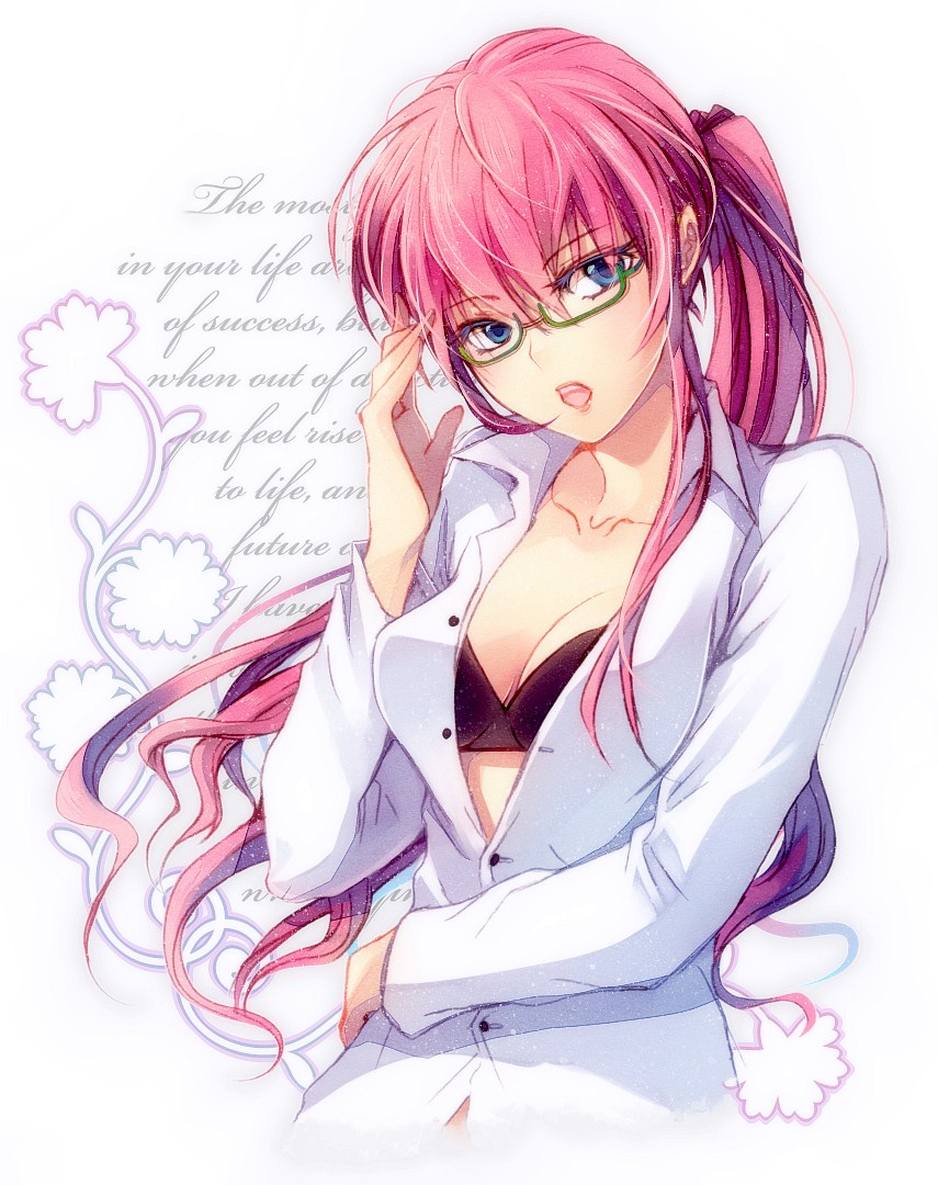 alternate_hairstyle bespectacled blue_eyes bra breasts cleavage glasses koto_(sss) lingerie long_hair medium_breasts megurine_luka open_clothes open_mouth open_shirt pink_hair ponytail shirt solo underwear vocaloid