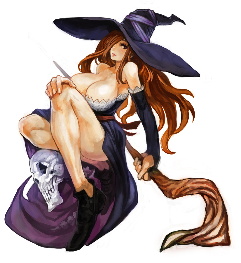 bare_shoulders breasts cleavage detached_sleeves dragon's_crown dress hat huge_breasts lack legs long_hair red_hair shoes simple_background skull solo sorceress_(dragon's_crown) staff strapless strapless_dress witch_hat