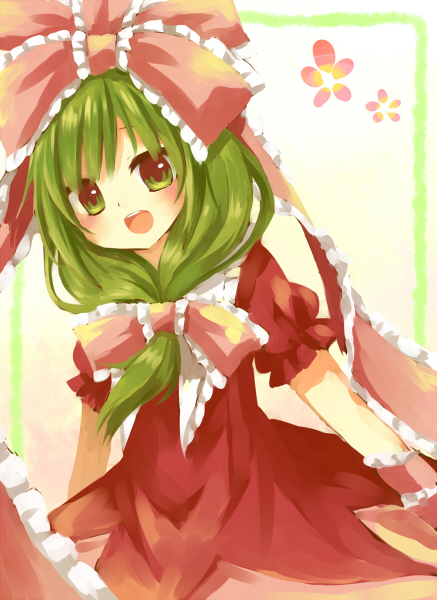 amane_kurumi arm_ribbon bow dress frills front_ponytail green_eyes green_hair hair_bow hair_ribbon kagiyama_hina long_hair open_mouth ribbon smile solo touhou