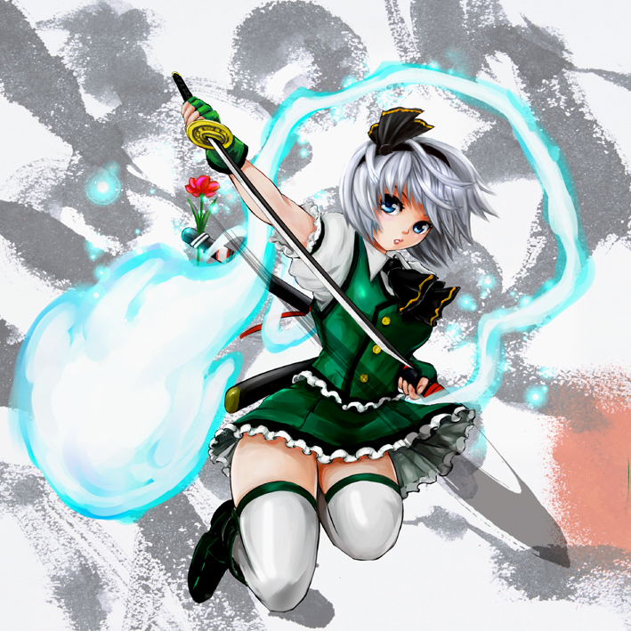 ascot black_hairband blue_eyes dress_shirt fingerless_gloves flower ghost gloves hairband hitodama katana konpaku_youmu konpaku_youmu_(ghost) md5_mismatch scabbard sheath shirt short_hair silver_hair skirt solo sword thighhighs touhou vest weapon white_hair white_legwear yamasan_(hachiman)