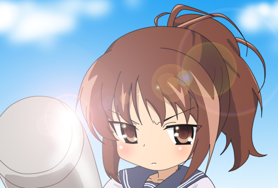 a_channel baseball_bat brown_eyes brown_hair cloud day ichii_tooru kawashima_minami lens_flare moshidora parody ponytail school_uniform sky solo yajirushi_(yajiru4)