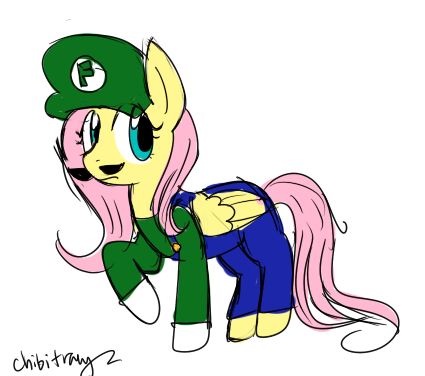 crossover equine female feral fluttershy_(mlp) friendship_is_magic luigi mammal mario_bros mario_brothers my_little_pony nintendo pegasus plain_background solo video_games white_background wings