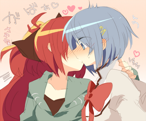 bad_id bad_pixiv_id blue_eyes blue_hair kiss long_hair lowres mahou_shoujo_madoka_magica miki_sayaka multiple_girls nochita_shin ponytail red_hair sakura_kyouko short_hair translated yuri