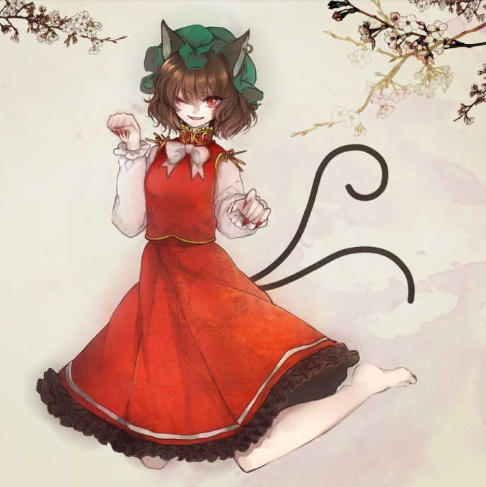 animal_ears bad_id bad_pixiv_id barefoot bow bowtie brown_hair cat_ears cat_tail chen cherry_blossoms face fang feet fingernails jewelry kneeling long_fingernails multiple_tails nail_polish one_eye_closed paw_pose red_eyes short_hair single_earring skirt skirt_set smile solo tail tomoe_(itigo) touhou