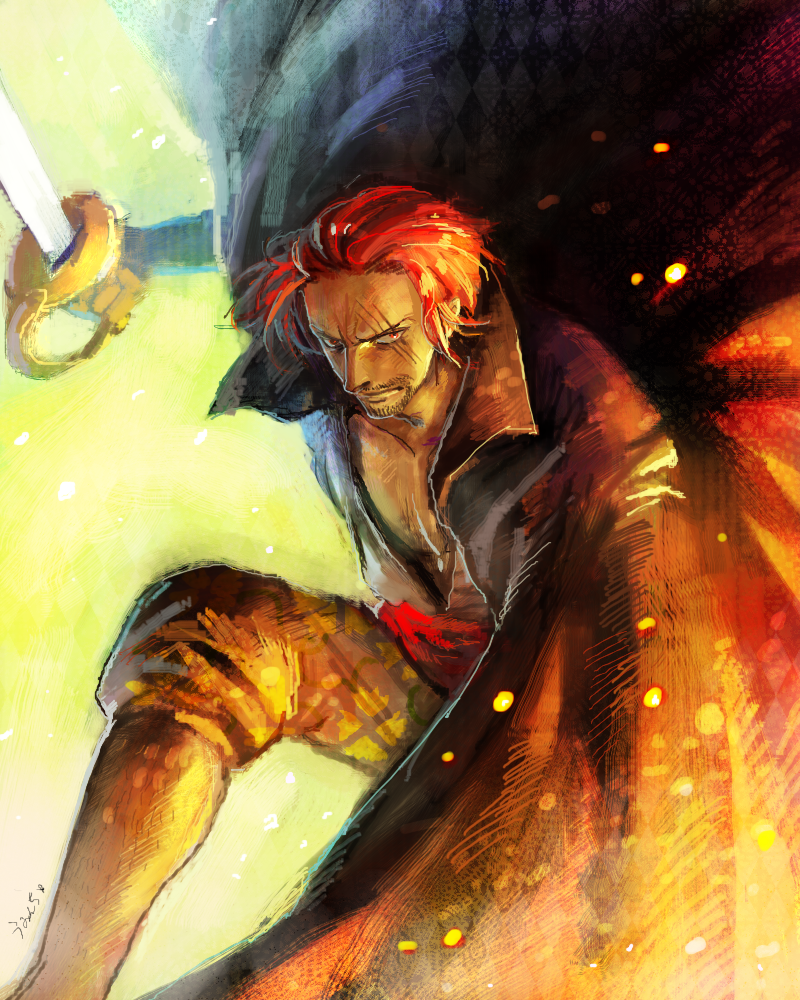 beard cape facial_hair fire glaring male_focus one_piece red_hair saber_(weapon) scar shanks shorts solo sword weapon yumeshima_sui