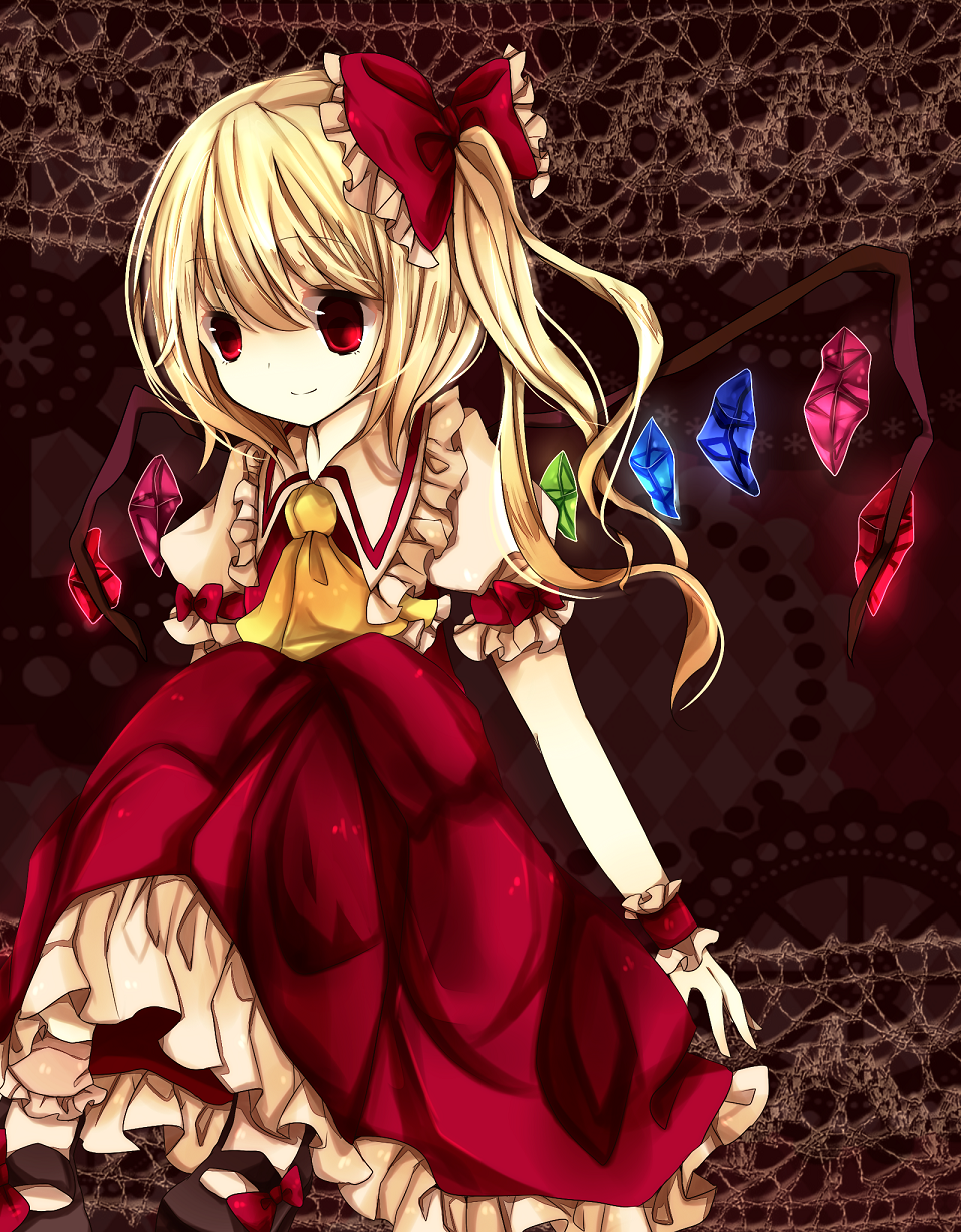ascot bad_id bad_pixiv_id blonde_hair bow flandre_scarlet hair_bow highres renka913 short_sleeves side_ponytail solo touhou wings wrist_cuffs