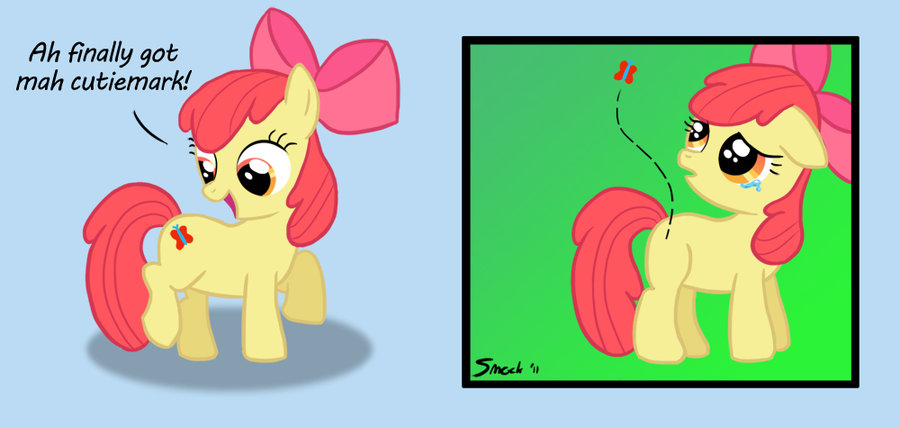 applebloom_(mlp) arthropod bow butterfly comic crying cub cute disappointed equine female feral friendship_is_magic fur hair horse insect looking_up mammal my_little_pony pony red_hair sad smockhobbes solo yellow_fur young
