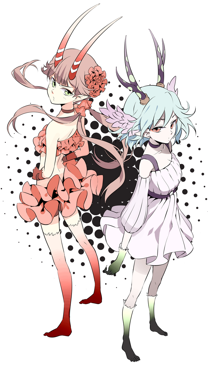 antlers bare_shoulders blue_hair brown_hair c_(control) choker detached_sleeves dress flower frills gloves green_eyes hair_flower hair_ornament halftone halftone_background hands_on_hips head_wings highres horns long_hair looking_back mashu_(control) md5_mismatch midriff multiple_girls osamu_(jagabata) pale_skin pointy_ears pout q_(control) red_eyes short_hair skirt strapless thighhighs tubetop twintails