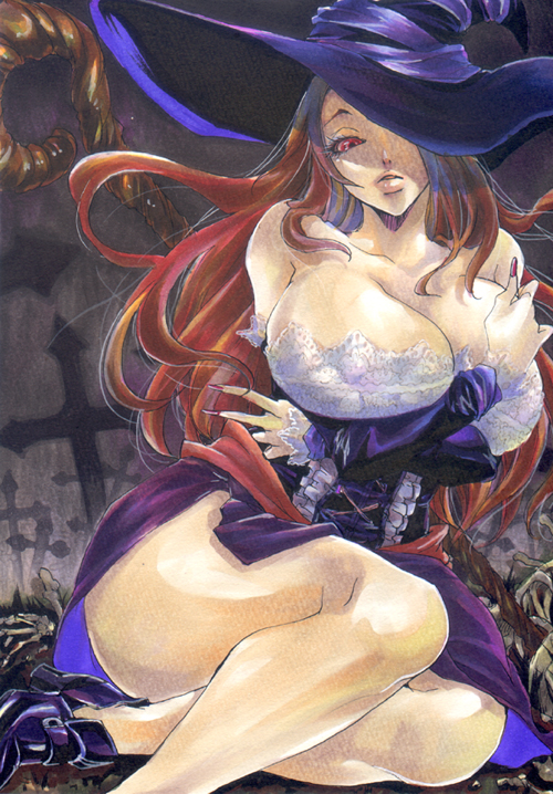 al-10 bare_shoulders breasts brown_hair cleavage curvy detached_sleeves dragon's_crown dress hat hat_over_one_eye large_breasts red_eyes side_slit solo sorceress_(dragon's_crown) staff strapless strapless_dress witch_hat
