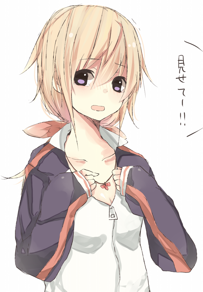 bad_id bad_pixiv_id blonde_hair blush bow charlotte_dunois hair_bow infinite_stratos jacket jewelry long_hair meet_neet necklace open_mouth simple_background sleeves_past_wrists solo track_jacket translated upper_body