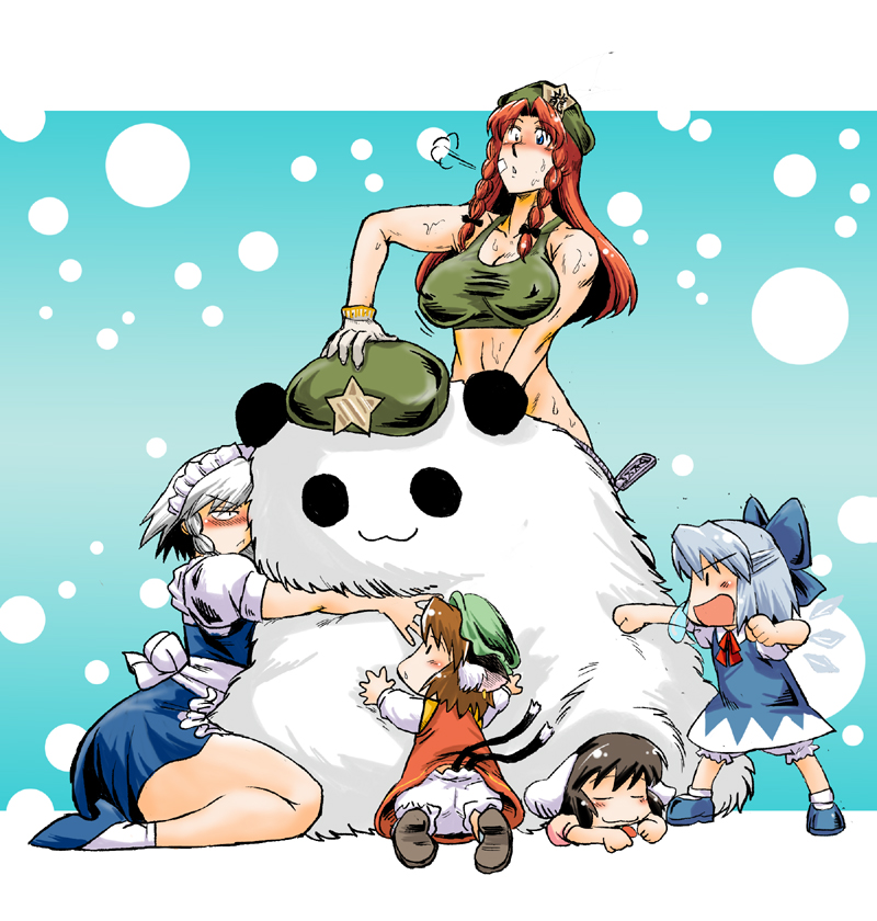 :&lt; :3 :d animal_costume azuki_osamitsu blue_eyes bottomless chen cirno closed_mouth covered_nipples crop_top curvy dual_persona hong_meiling hong_meiling_(panda) inaba_tewi izayoi_sakuya multiple_girls muscle muscular_female no_panties open_mouth panda panda_costume smile sweat thick_thighs thighs touhou undressing v-shaped_eyebrows zipper