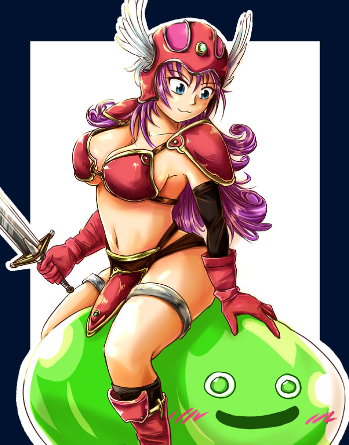 blush breasts dragon_quest kappamaru large_breasts long_hair purple_hair slime_(dragon_quest) smile soldier_(dq3) sword very_long_hair weapon