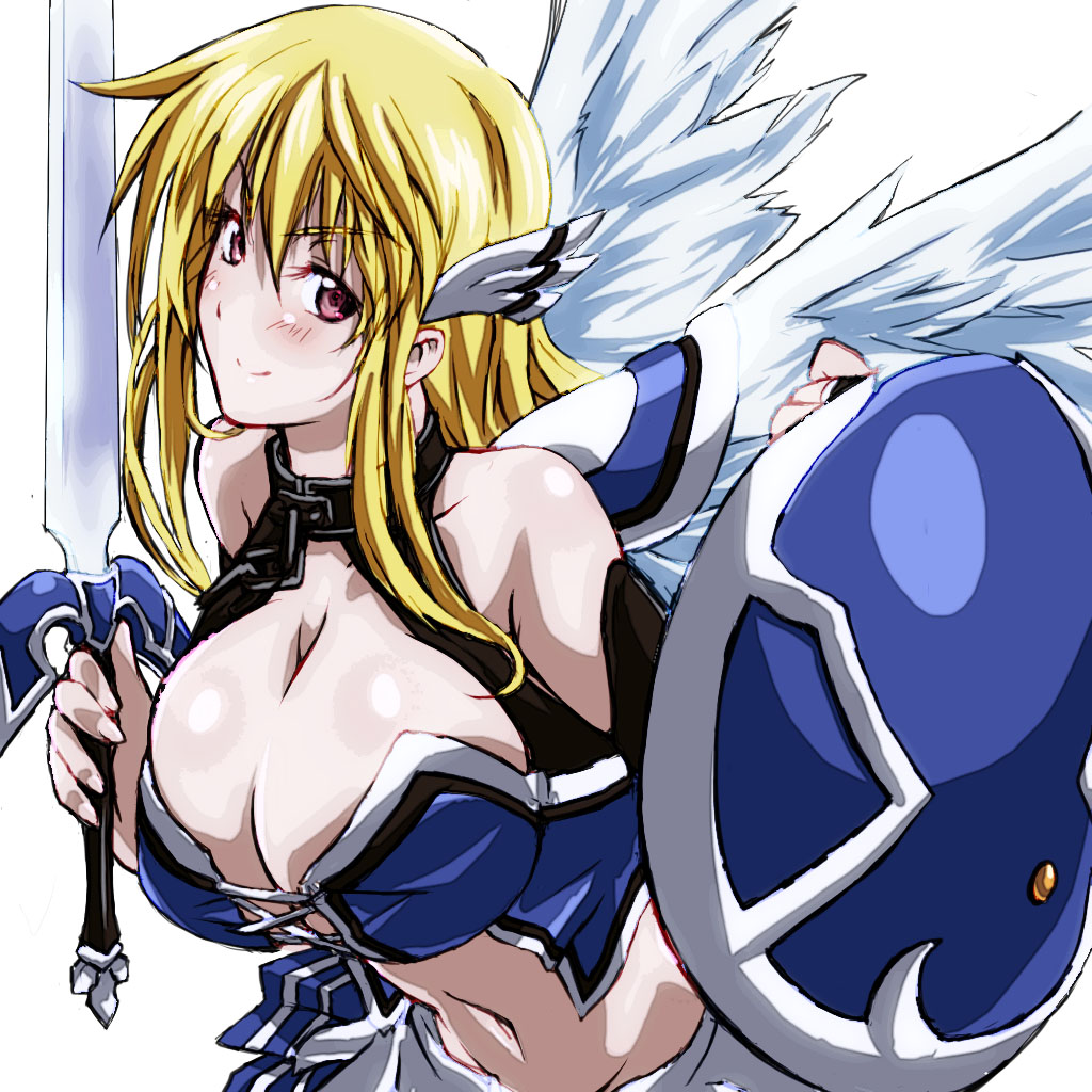 angel_wings artist_request astraea blonde_hair breasts cleavage red_eyes shield smile sora_no_otoshimono sword weapon wings