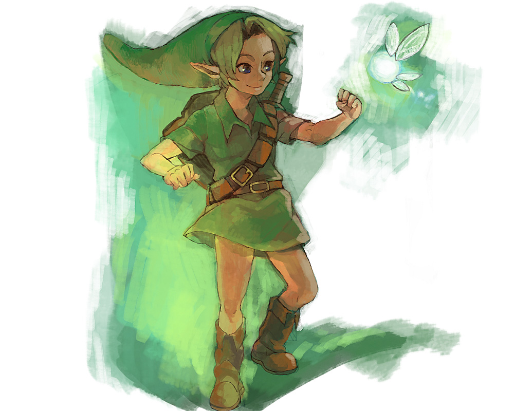 bad_id bad_pixiv_id belt blue_eyes boots fairy hat link male_focus navi pointy_ears shield smile sword the_legend_of_zelda the_legend_of_zelda:_ocarina_of_time tunic weapon yo_mo
