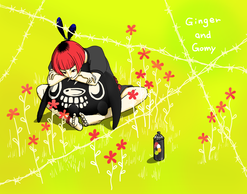 anklet barbed_wire barefoot english feathers flower ginger_(the_path) jewelry red_hair sitting smile solo spray_can the_path toes