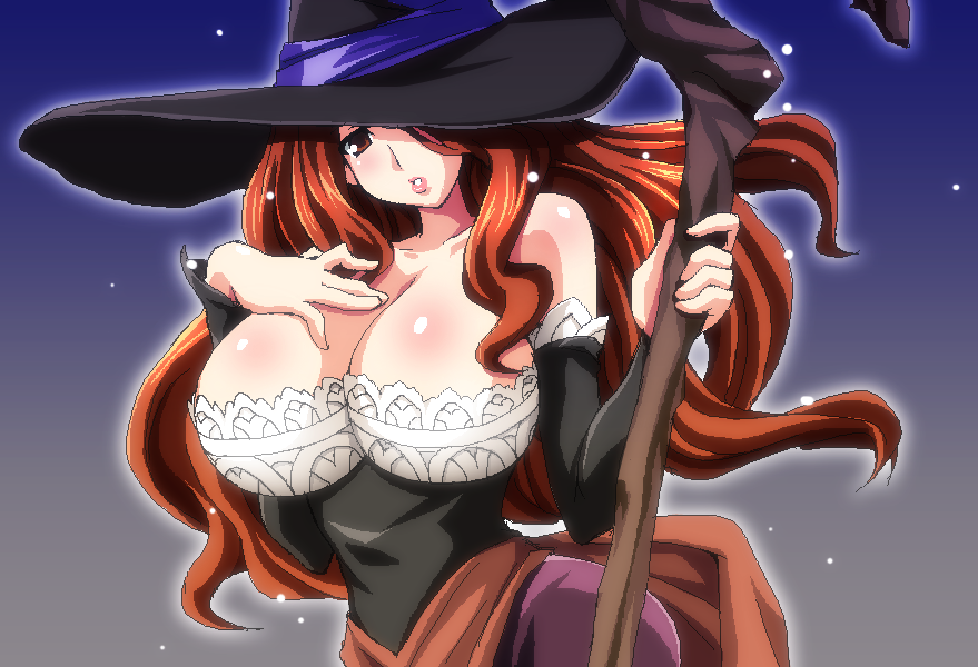 bare_shoulders breasts brown_eyes brown_hair chirorian cleavage detached_sleeves dragon's_crown dress hat hat_over_one_eye large_breasts long_hair oekaki solo sorceress_(dragon's_crown) staff strapless strapless_dress witch_hat