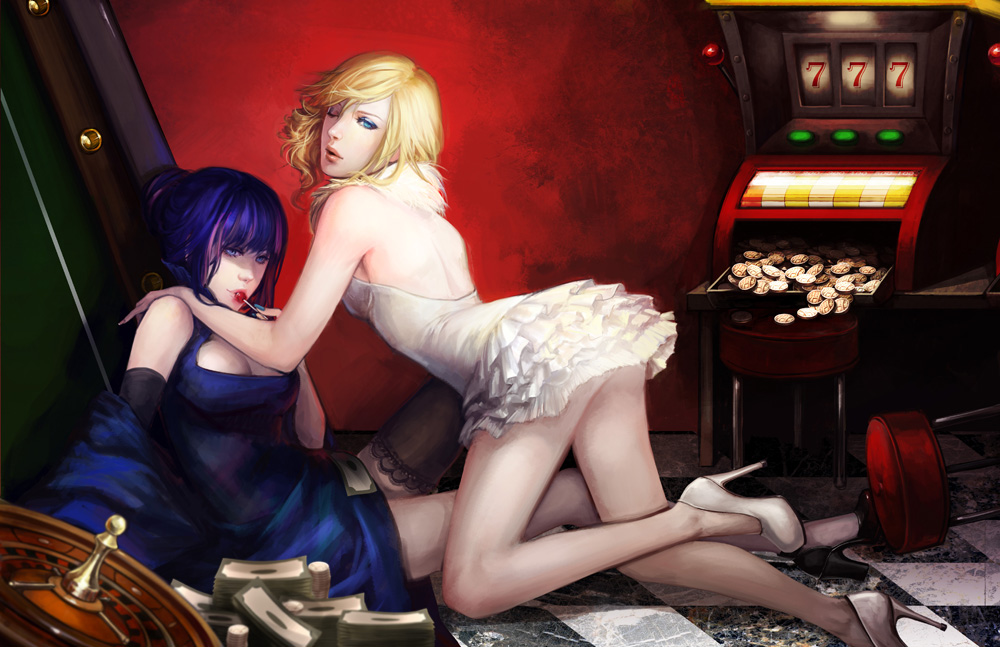 asymmetrical_clothes backless_dress backless_outfit black_legwear blonde_hair breasts candy cleavage coin dress elbow_gloves food gloves hand_on_shoulder high_heels kneeling large_breasts lips lollipop long_hair money multicolored_hair multiple_girls nail_polish noa_ikeda one_eye_closed panty_&amp;_stocking_with_garterbelt panty_(psg) realistic roulette shoes single_glove single_thighhigh sitting slender_waist slot_machine stocking_(psg) stool thighhighs two-tone_hair