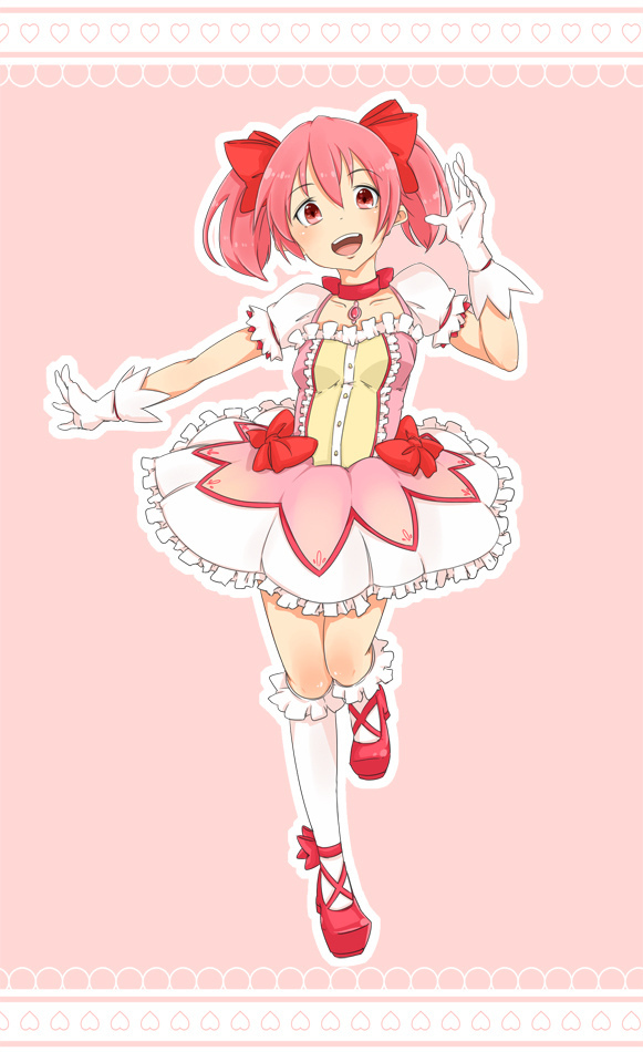 bow choker circle dress frilled_dress frilled_legwear frilled_skirt frills full_body gloves hair_bow hair_ornament hair_ribbon hand_up happy heart kaname_madoka kneehighs knees_touching magical_girl mahou_shoujo_madoka_magica open_mouth outstretched_arm pink pink_eyes pink_hair pumps red_choker ribbon ribbon_choker shoes short_hair short_twintails simple_background skirt socks solo standing standing_on_one_leg teeth twintails waving zukaketawagase