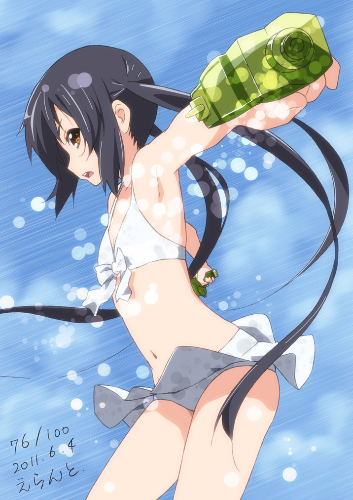 2011 armpits black_hair brown_eyes dated dual_wielding errant foreshortening holding k-on! long_hair nakano_azusa outstretched_arms solo spread_arms swimsuit twintails water_gun