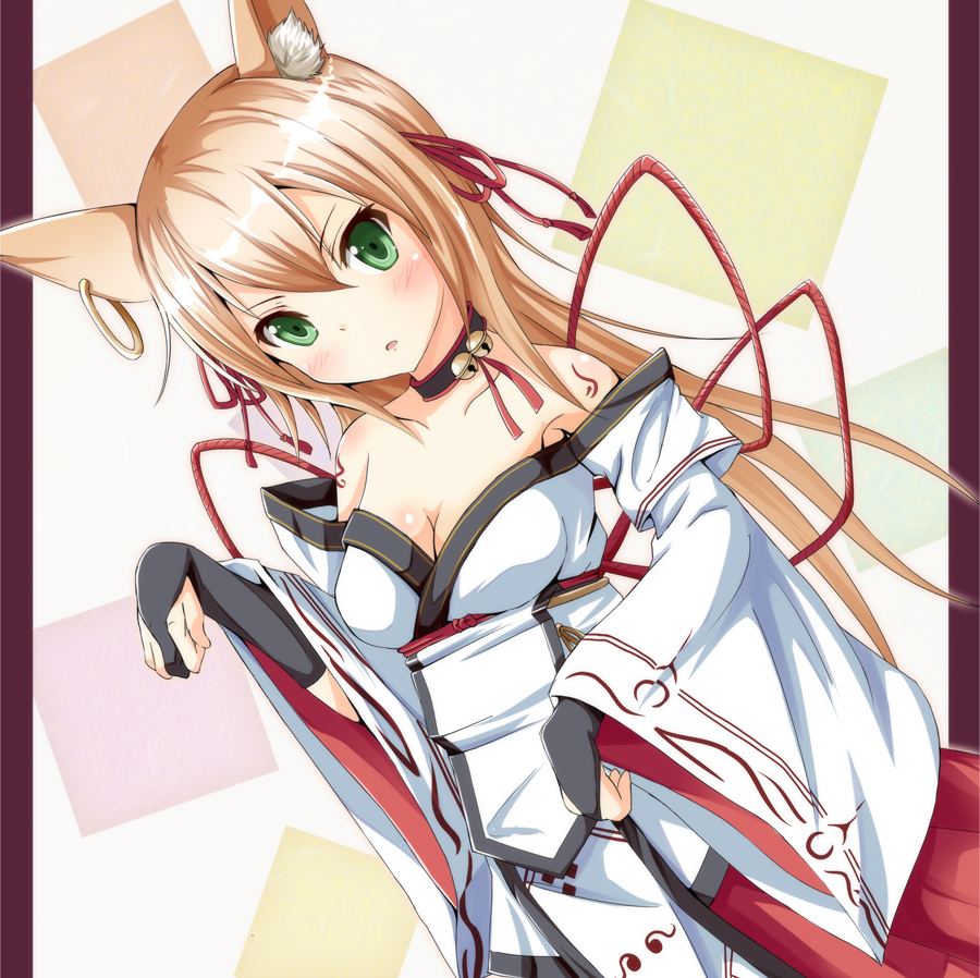 animal_ears bare_shoulders bell blonde_hair blush breasts bridal_gauntlets choker cleavage dutch_angle earrings green_eyes hair_ribbon head_tilt japanese_clothes jewelry jingle_bell long_hair medium_breasts ok-ray original paw_pose ribbon rope solo tattoo