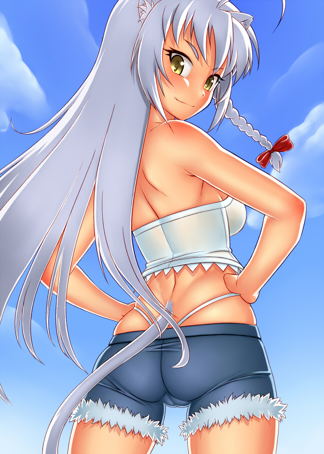 animal_ears ass bare_shoulders bow braid cameltoe cat_ears cat_tail cloud crop_top day dog_days from_behind gochou_(kedama) hair_bow hands_on_hips highleg highleg_panties leonmitchelli_galette_des_rois long_hair looking_back midriff outdoors panties shorts silver_hair skindentation sky smile solo strapless tail thong tubetop underwear whale_tail yellow_eyes