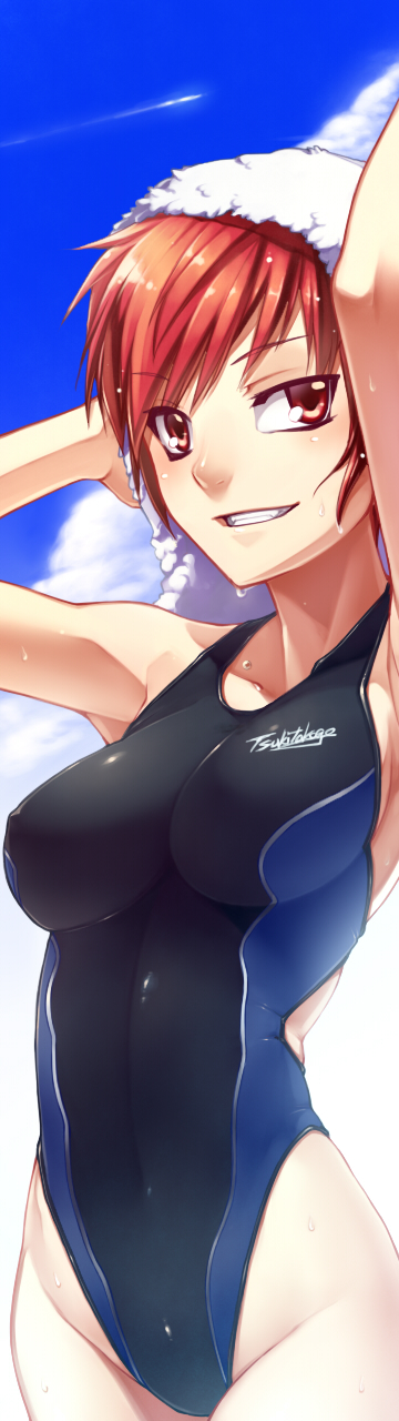 arms_up breasts cloud competition_swimsuit day grin highres large_breasts one-piece_swimsuit original red_eyes red_hair short_hair sky smile solo swimsuit towel tsuki_tokage