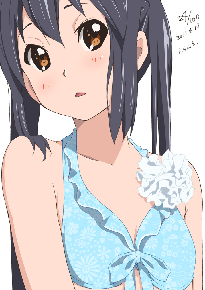 2011 black_hair brown_eyes close-up dated errant k-on! long_hair nakano_azusa solo swimsuit twintails upper_body